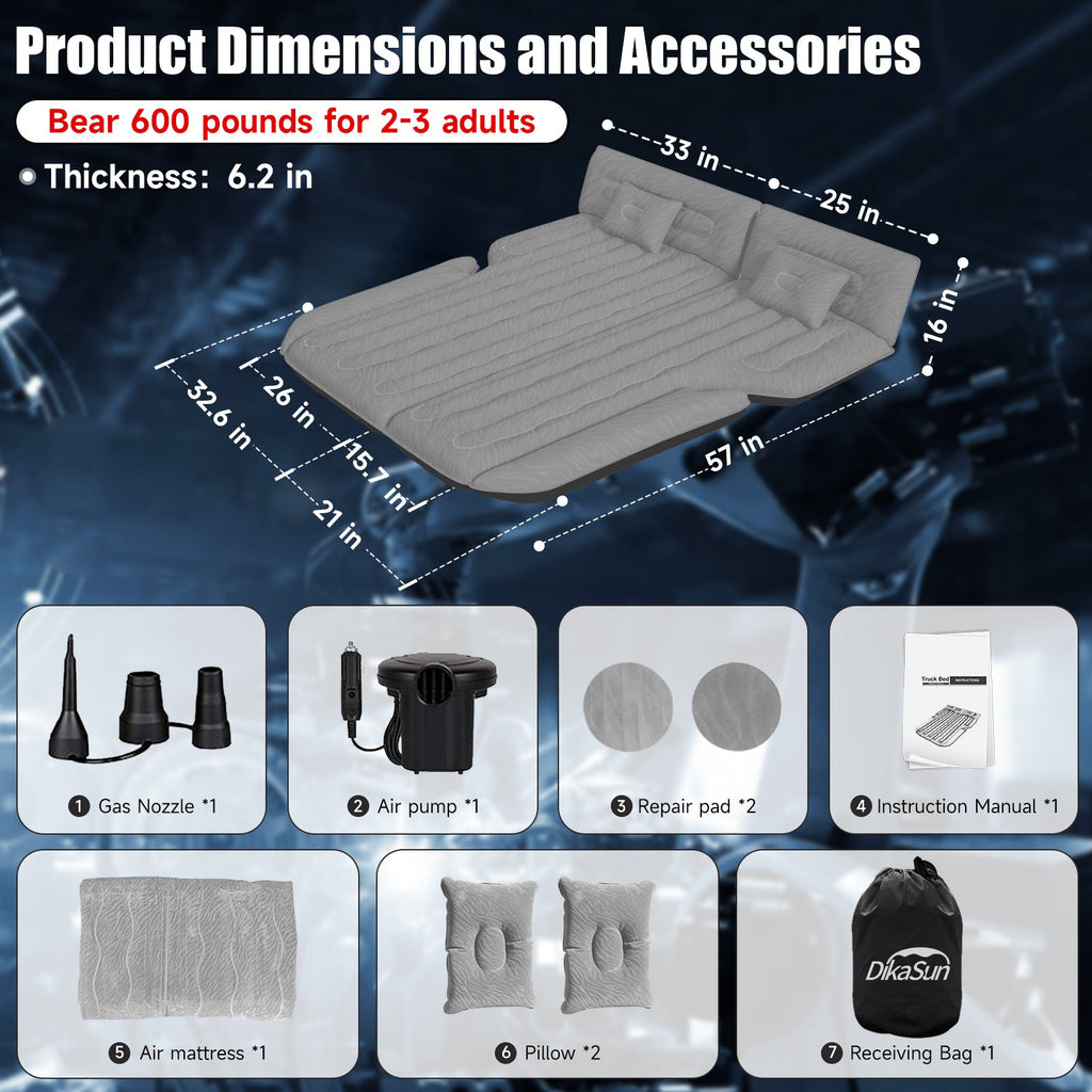 Dikasun Universal SUV Air Mattress Grey PVC Oxford Flocking Electric Pump