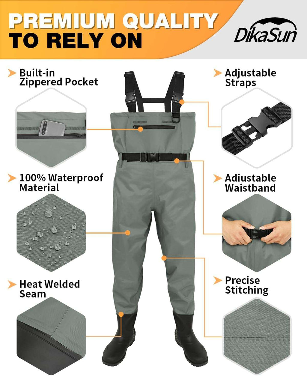 Dikasun Chest Waders Grey Nylon/PVC Bootfoot Hunting Fishing
