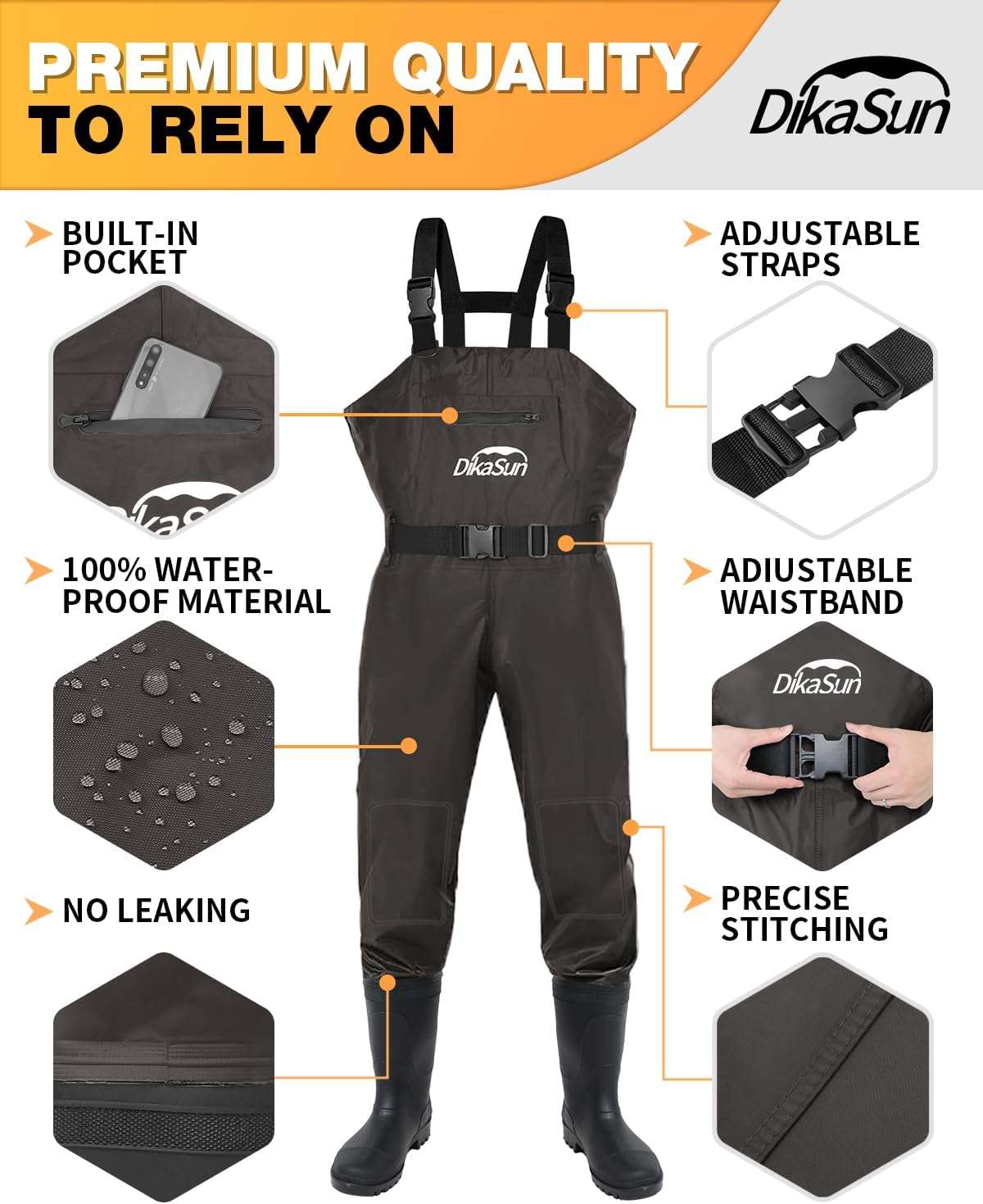 Dikasun Bootfoot Chest Waders Brown Nylon PVC Fishing Duck Hunting