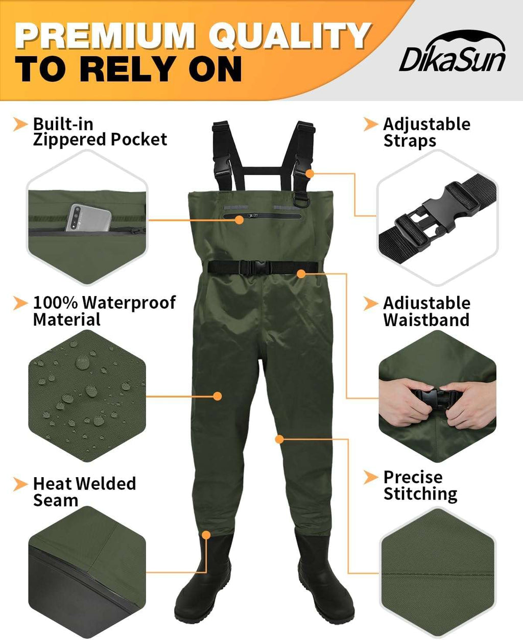 Dikasun Chest Waders Bootfoot Dark Green Nylon/PVC Duck Hunting Fly Fishing
