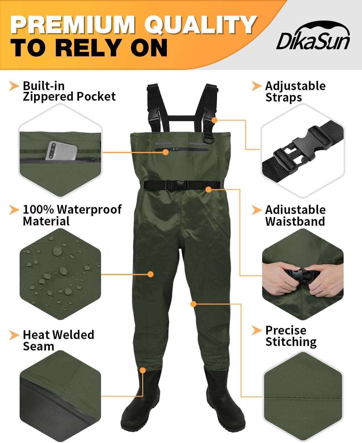 Dikasun Chest Waders Bootfoot Dark Green Nylon/PVC Duck Hunting Fly Fishing