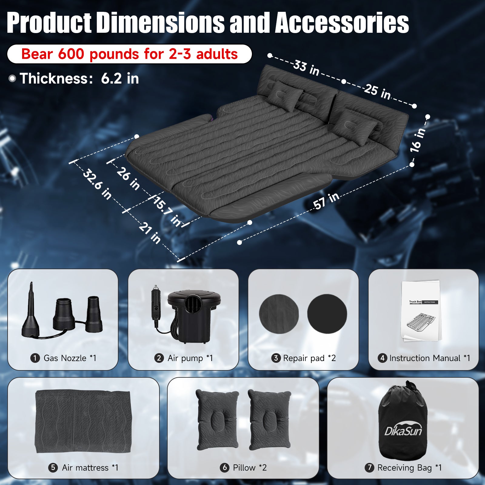 Dikasun Black SUV Air Mattress with Electric Pump and Charging Cable