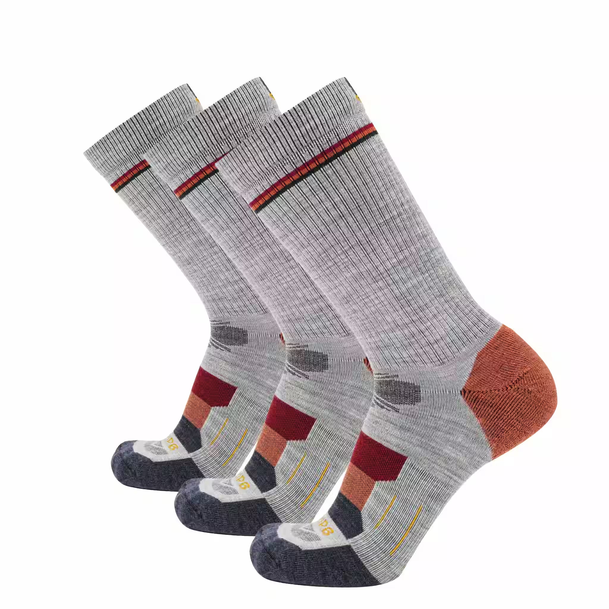 GRIP6 3 Pack Merino Wool Crew Hiking Socks Lightweight Cushion Orange USA