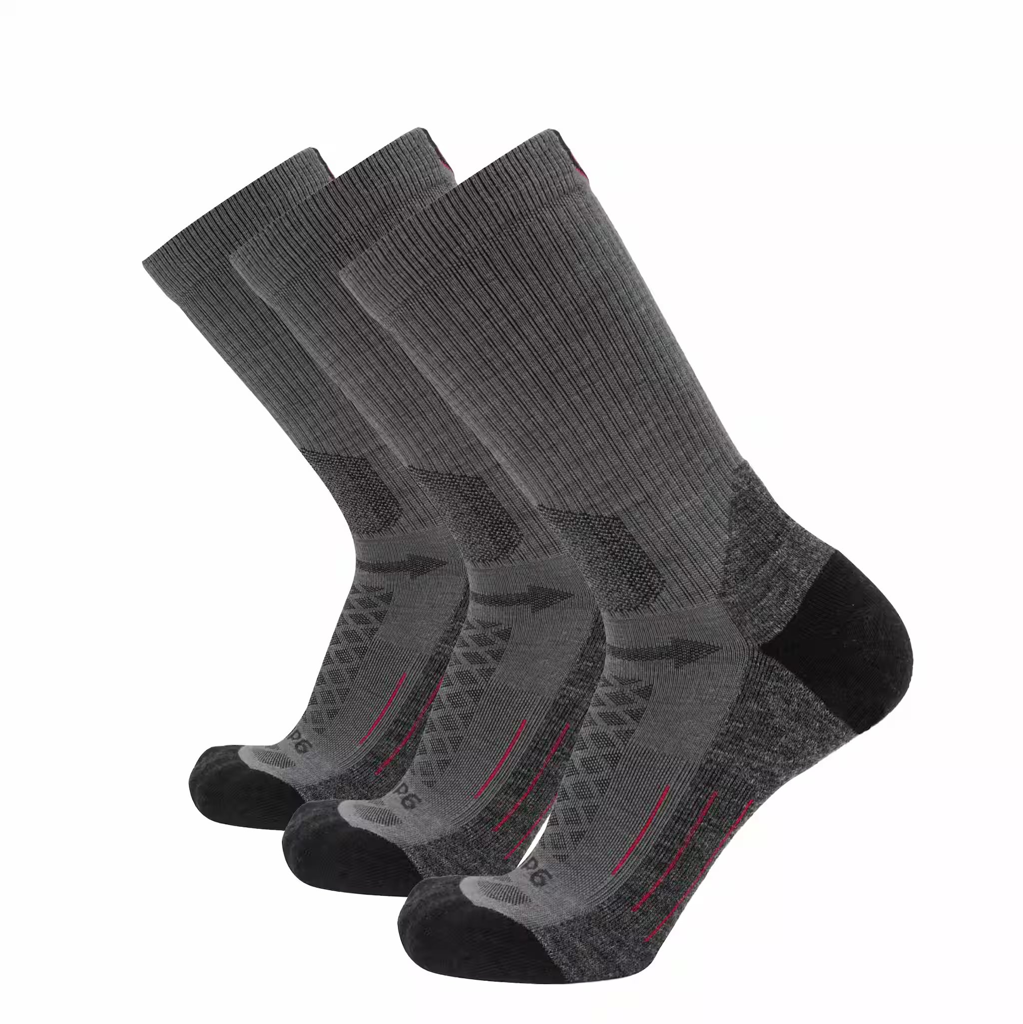 GRIP6 3 Pack Merino Wool Crew Hiking Socks Midweight Cushion Gray USA Made