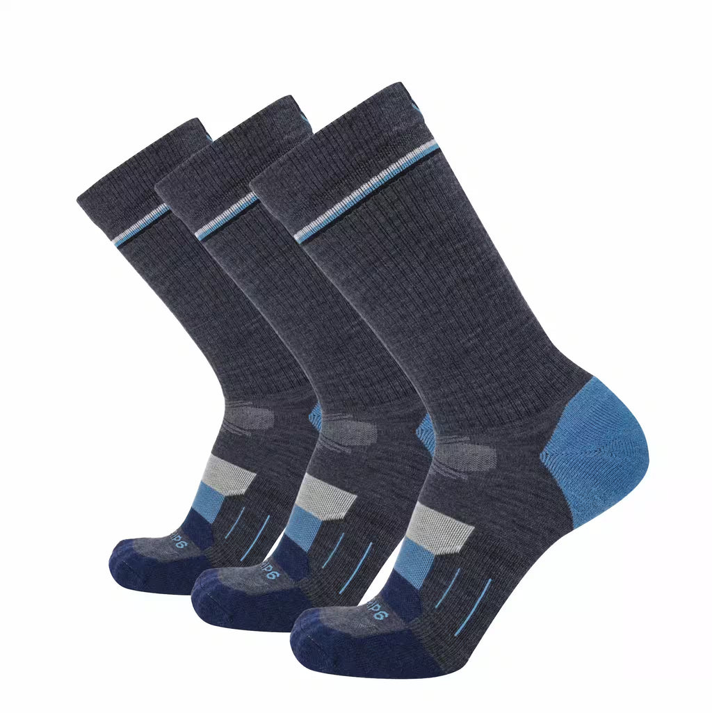 GRIP6 3 Pack Merino Wool Crew Hiking Socks Lightweight Cushion Blue USA Made