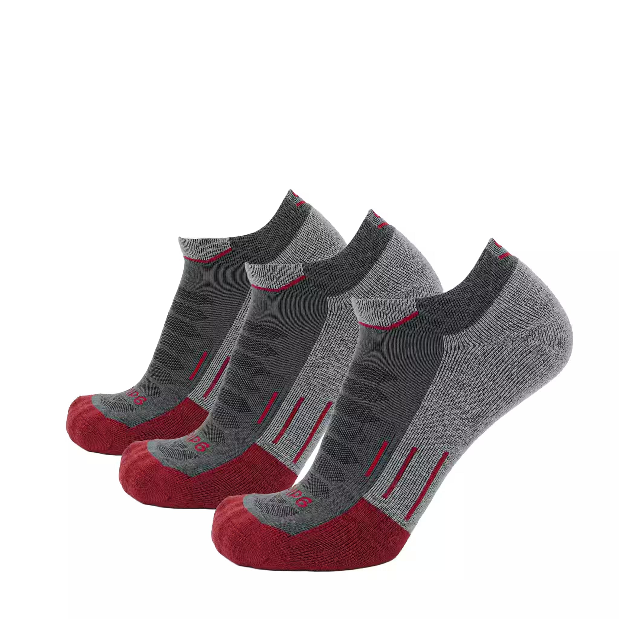 GRIP6 3 Pack Merino Wool Ankle Running Socks Midweight Anti-Blister Red USA
