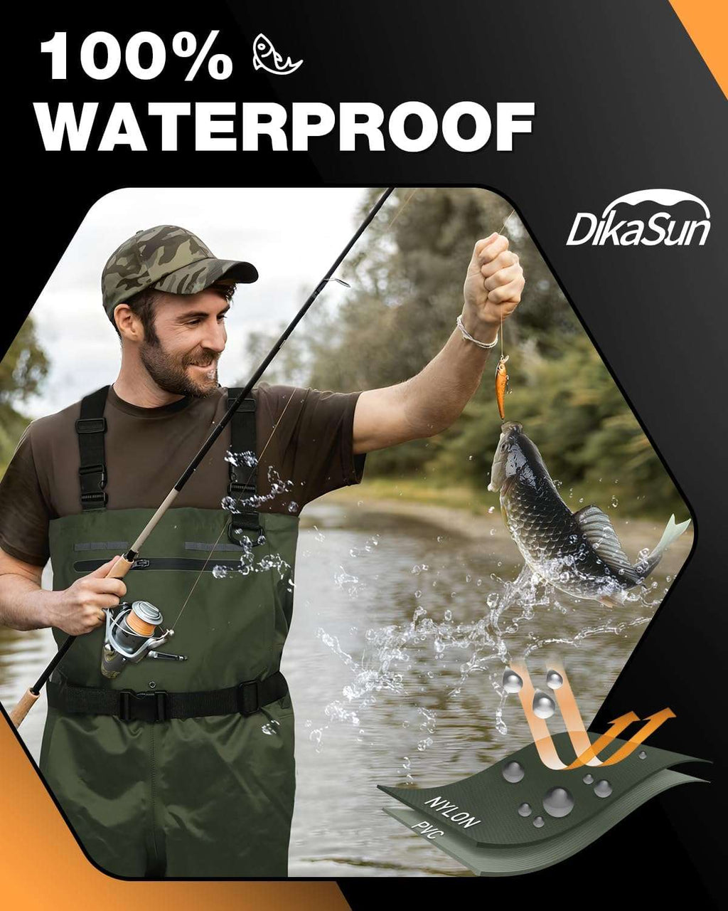 Dikasun Chest Waders Bootfoot Dark Green Nylon/PVC Duck Hunting Fly Fishing