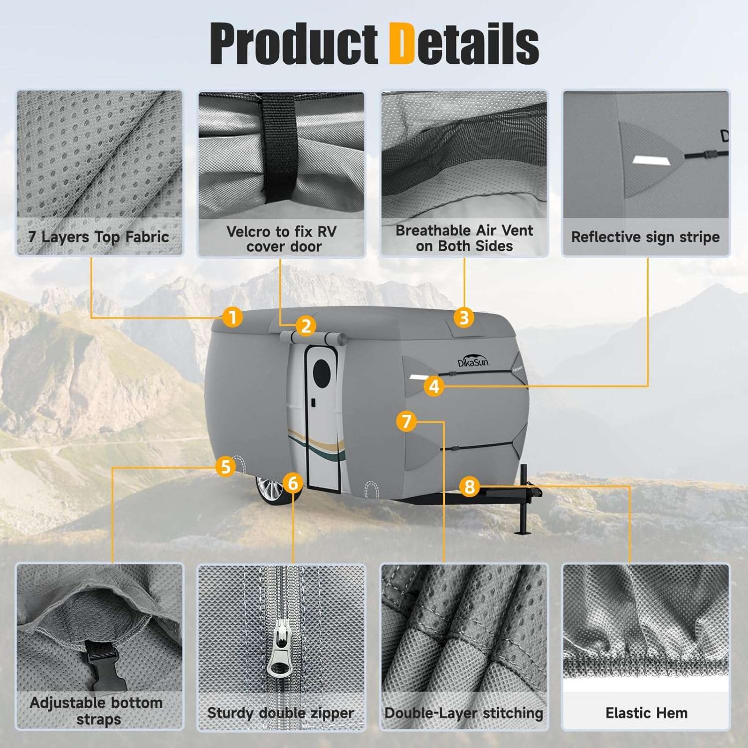 Dikasun 7-Layer Fiberglass Travel Trailer Cover Waterproof RV Protection