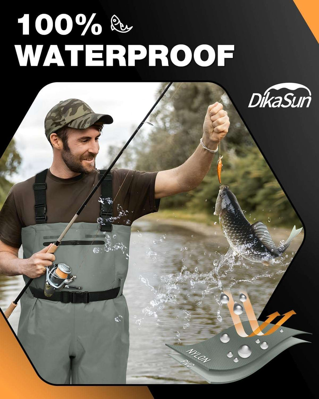 Dikasun Chest Waders Grey Nylon/PVC Bootfoot Hunting Fishing