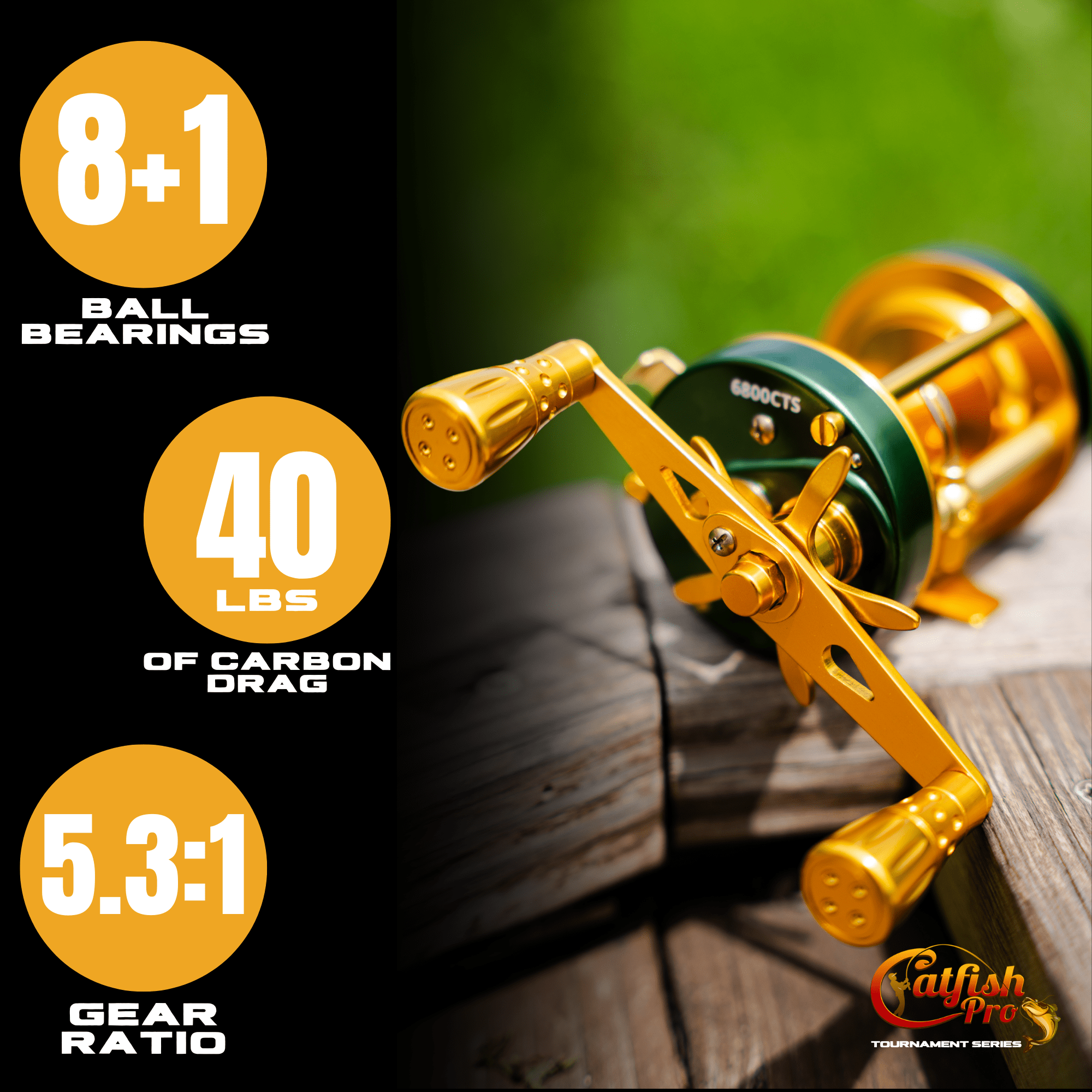 Catfish Pro 6800 CTS Baitcasting Reel 40lb Carbon Fiber Drag 8+1BB 5.3:1