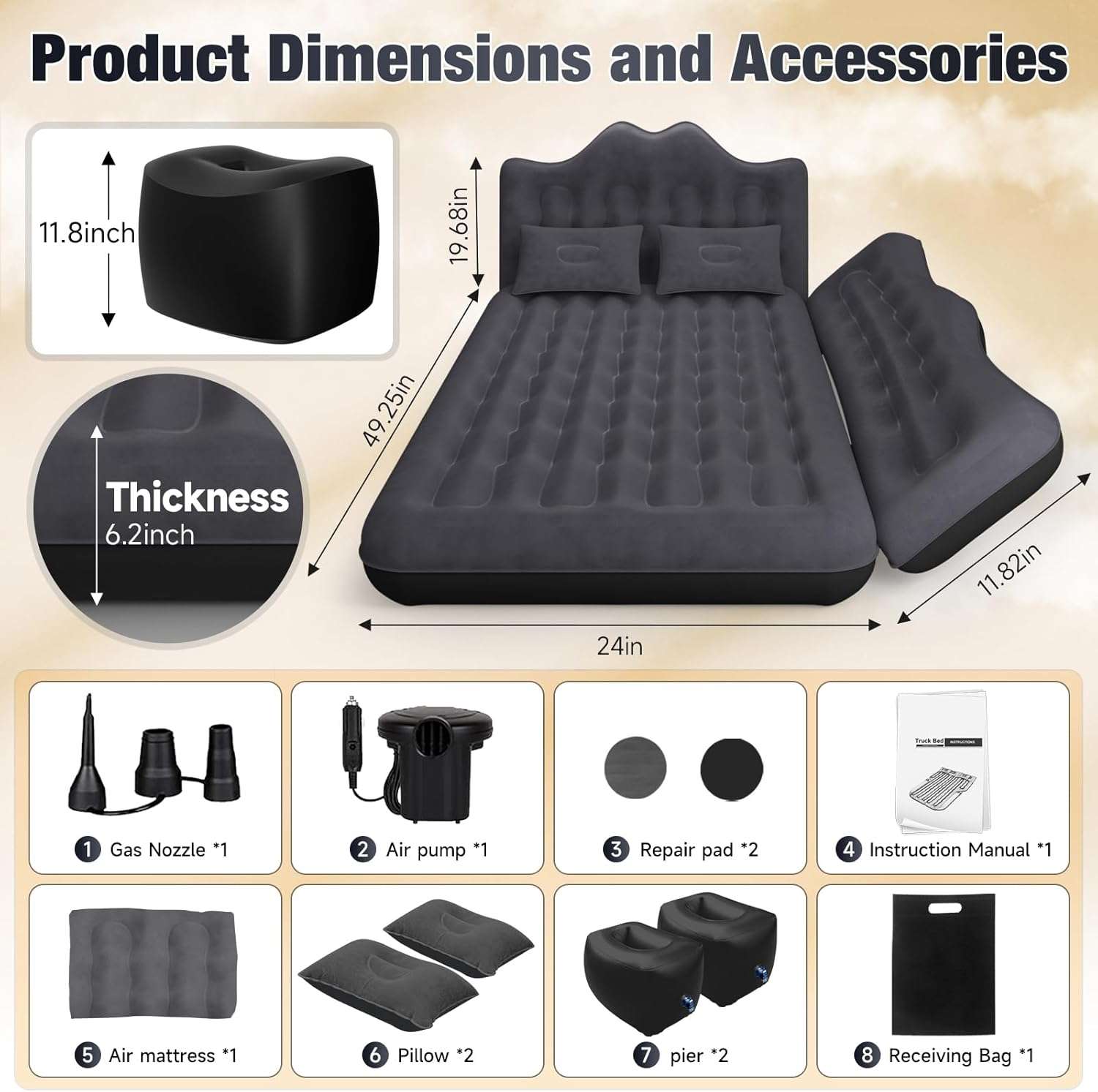 Dikasun Backseat Air Mattress 24" Width Black PVC Flocking SUV Truck