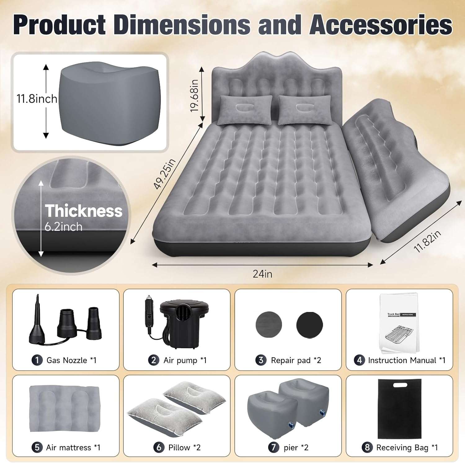 Dikasun Backseat Air Mattress 24" Width Grey PVC Flocking SUV Truck