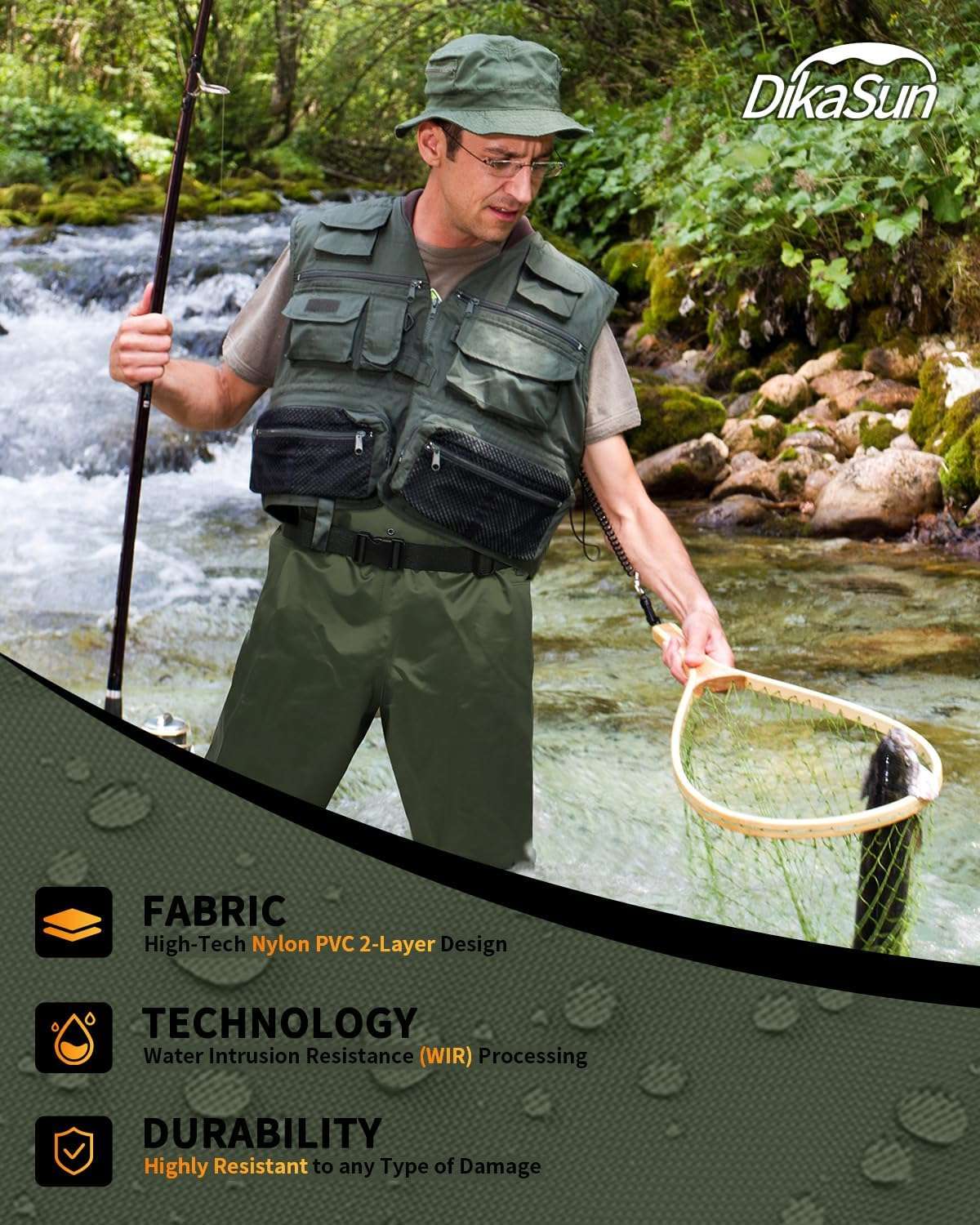 Dikasun Chest Waders Bootfoot Dark Green Nylon/PVC Duck Hunting Fly Fishing