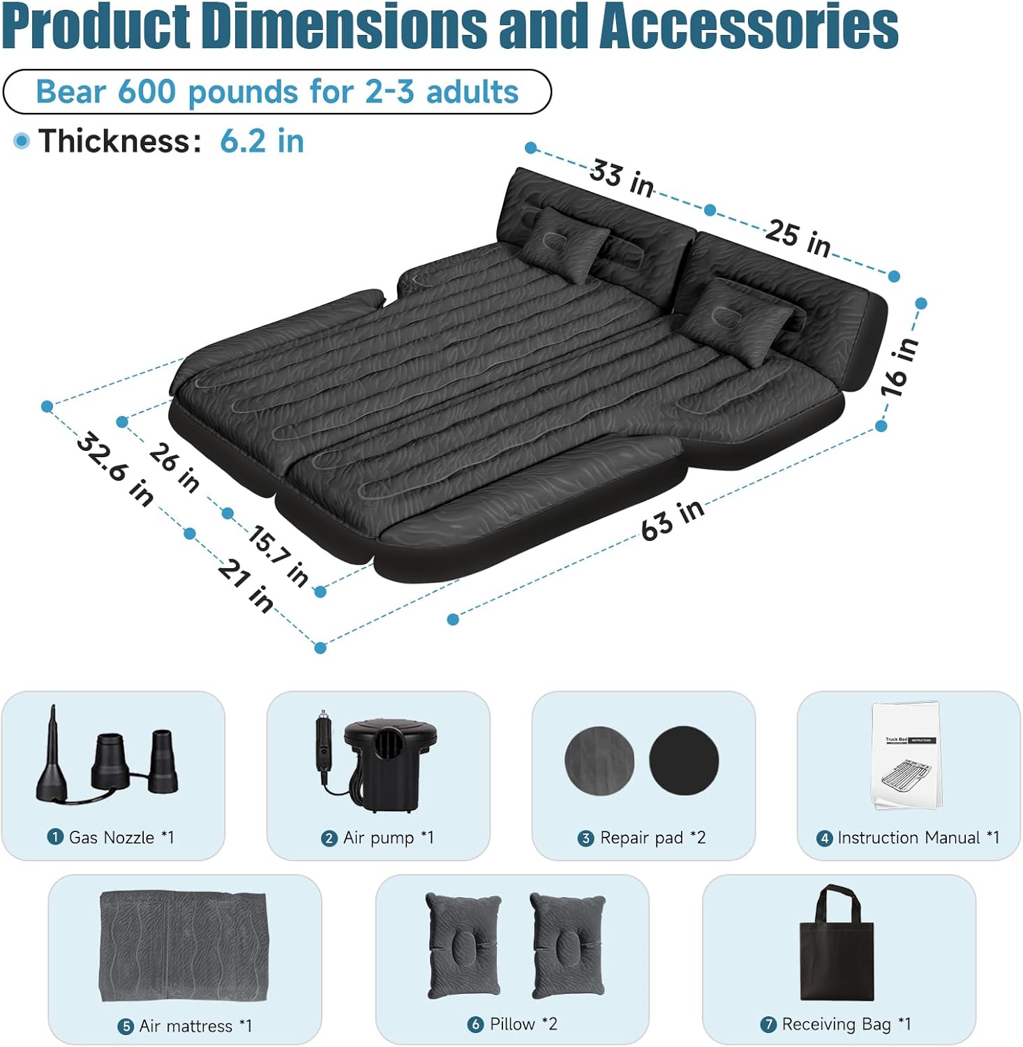 Dikasun SUV Air Mattress 63in Black PVC Flocking Inflatable Sleep Pad