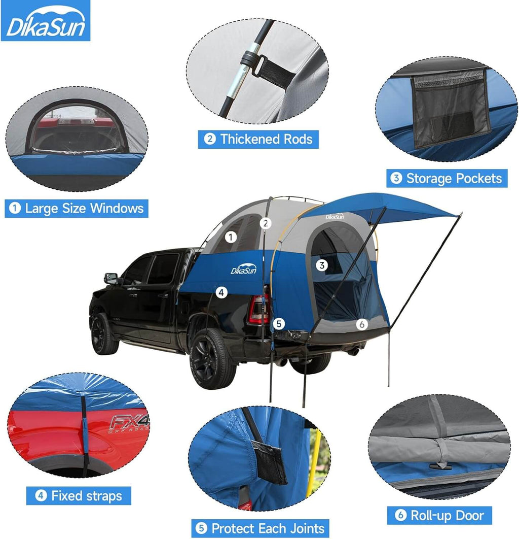 Dikasun Pickup Truck Bed Tent 5.5-6.7ft Blue Double-Layer Camping