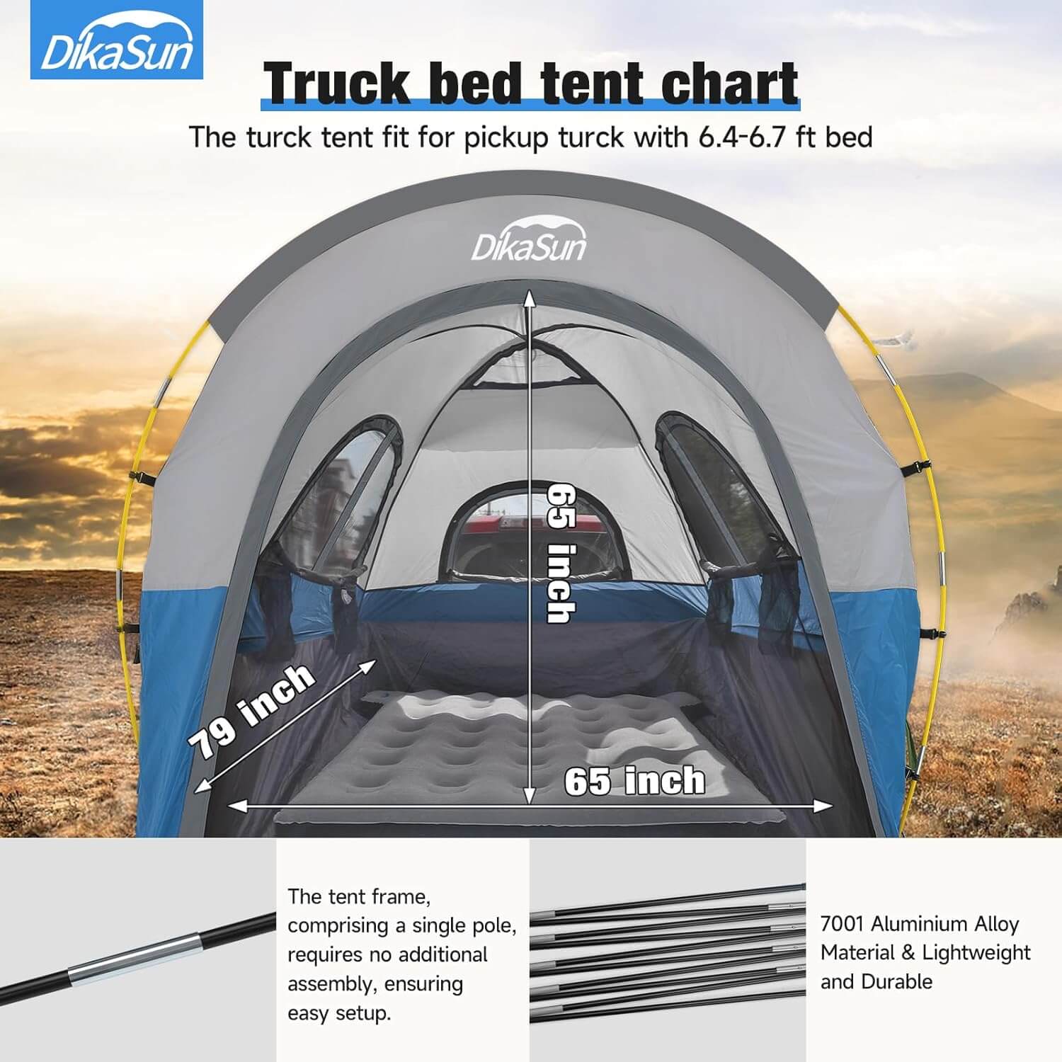 Dikasun Pickup Truck Bed Tent 5.5-6.7ft Blue Double-Layer Camping