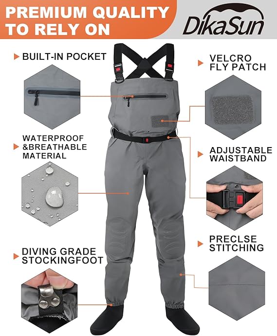 Dikasun Stocking Foot Chest Waders 4-Layer Breathable Fly Fishing Men Women