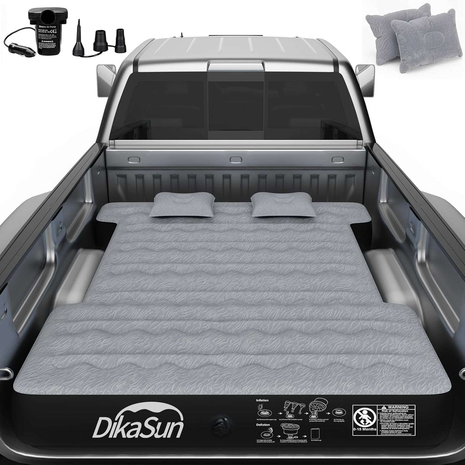 Dikasun 6.0-6.5 ft Pickup Truck Bed Air Mattress Grey PVC Flocking