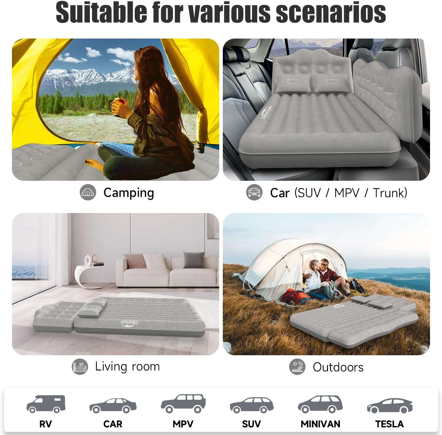 Dikasun Backseat Air Mattress 35.4" Width Grey Inflatable SUV Truck Car