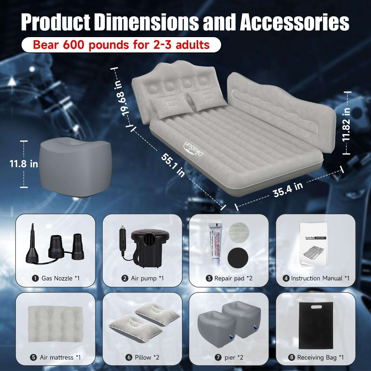 Dikasun Backseat Air Mattress 35.4" Width Grey Inflatable SUV Truck Car