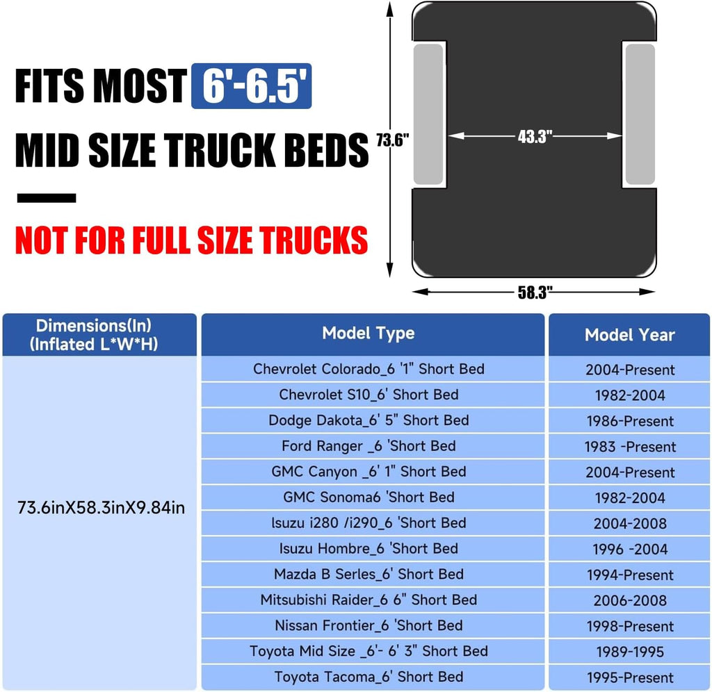 Dikasun 6-6.5ft Pickup Truck Bed Air Mattress Black Camping Sleep