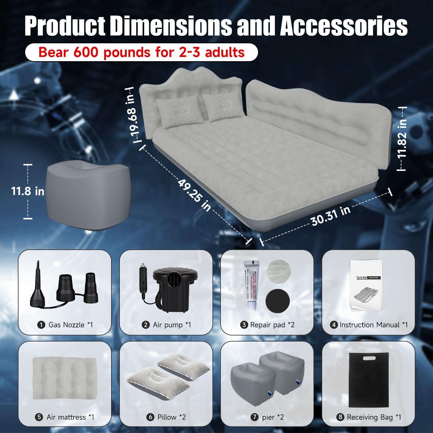 Dikasun Backseat Air Mattress 30.31" Width Grey Inflatable SUV Truck