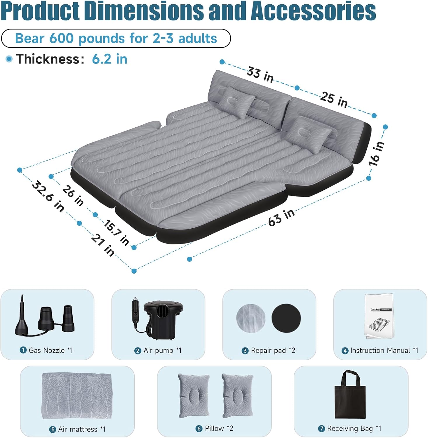 Dikasun 63in SUV Air Mattress Grey PVC Flocking Quick Inflate Camping