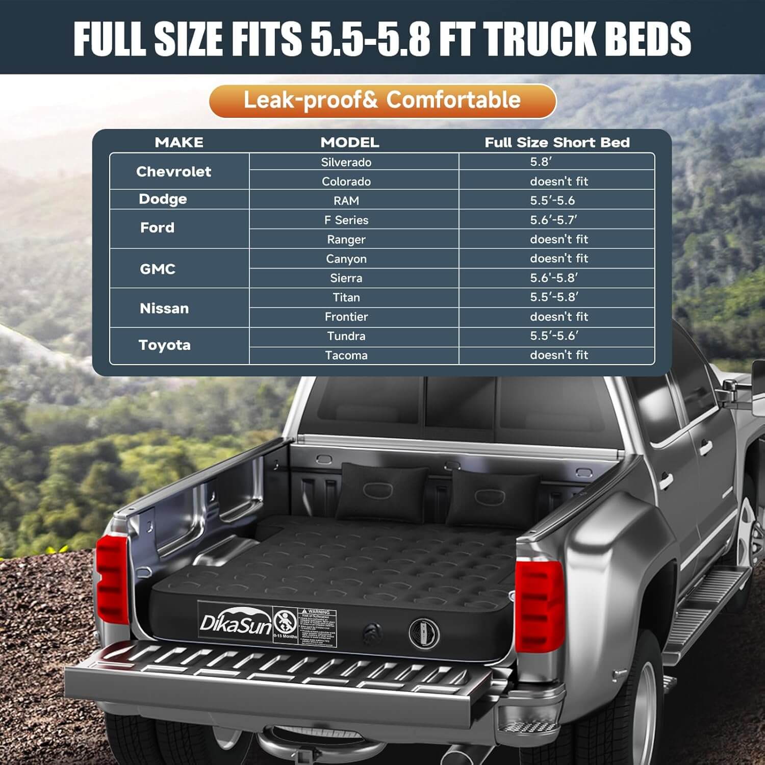 Dikasun 5.5-5.8ft Truck Bed Air Mattress Auto Inflate PVC Flocking