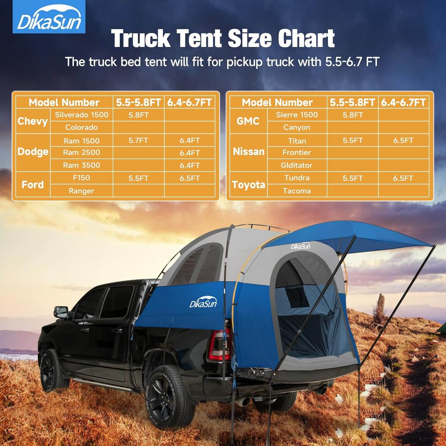 Dikasun Pickup Truck Bed Tent 5.5-6.7ft Blue Double-Layer Camping