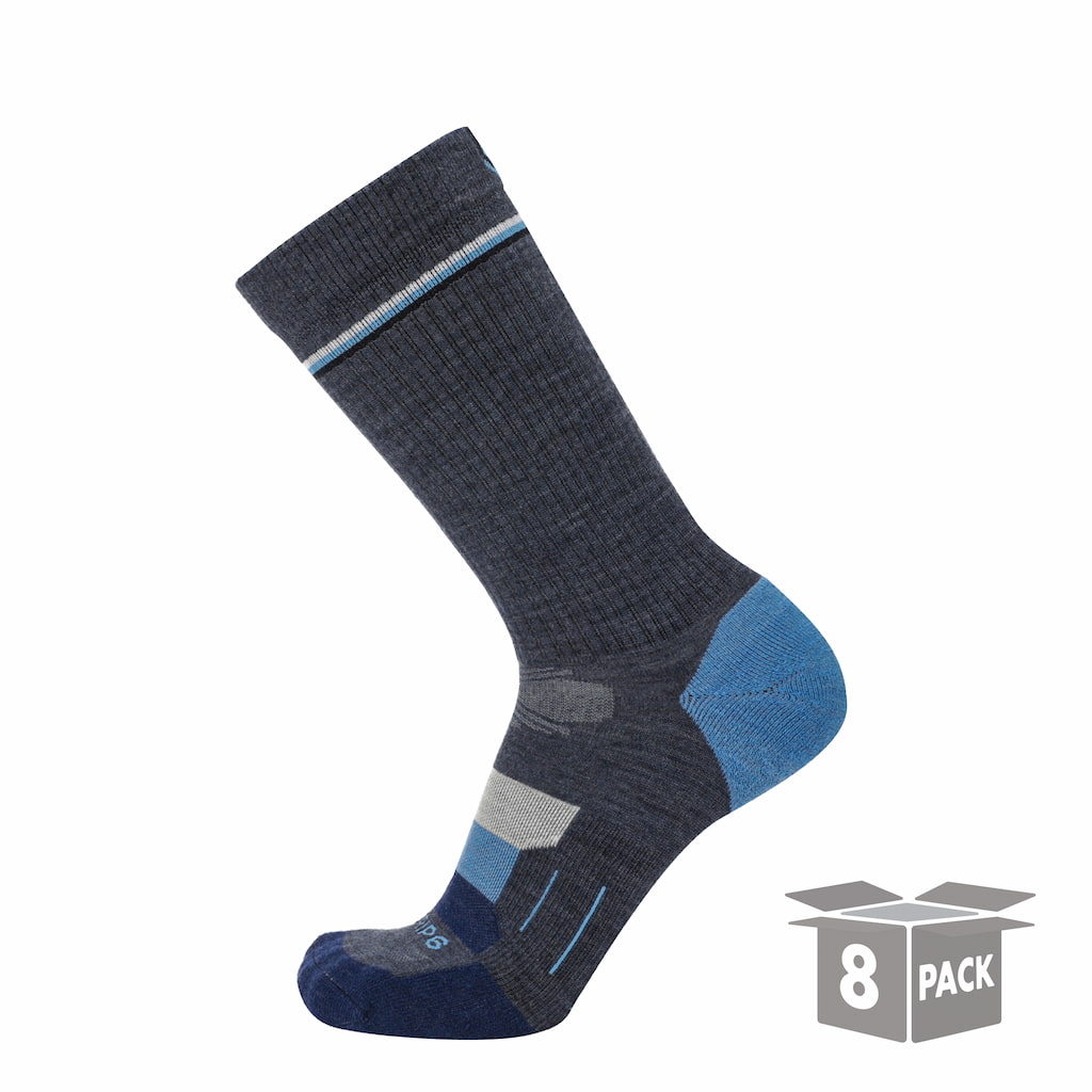 GRIP6 8 Pack Merino Wool Crew Hiking Socks Lightweight Cushion Blue USA Made