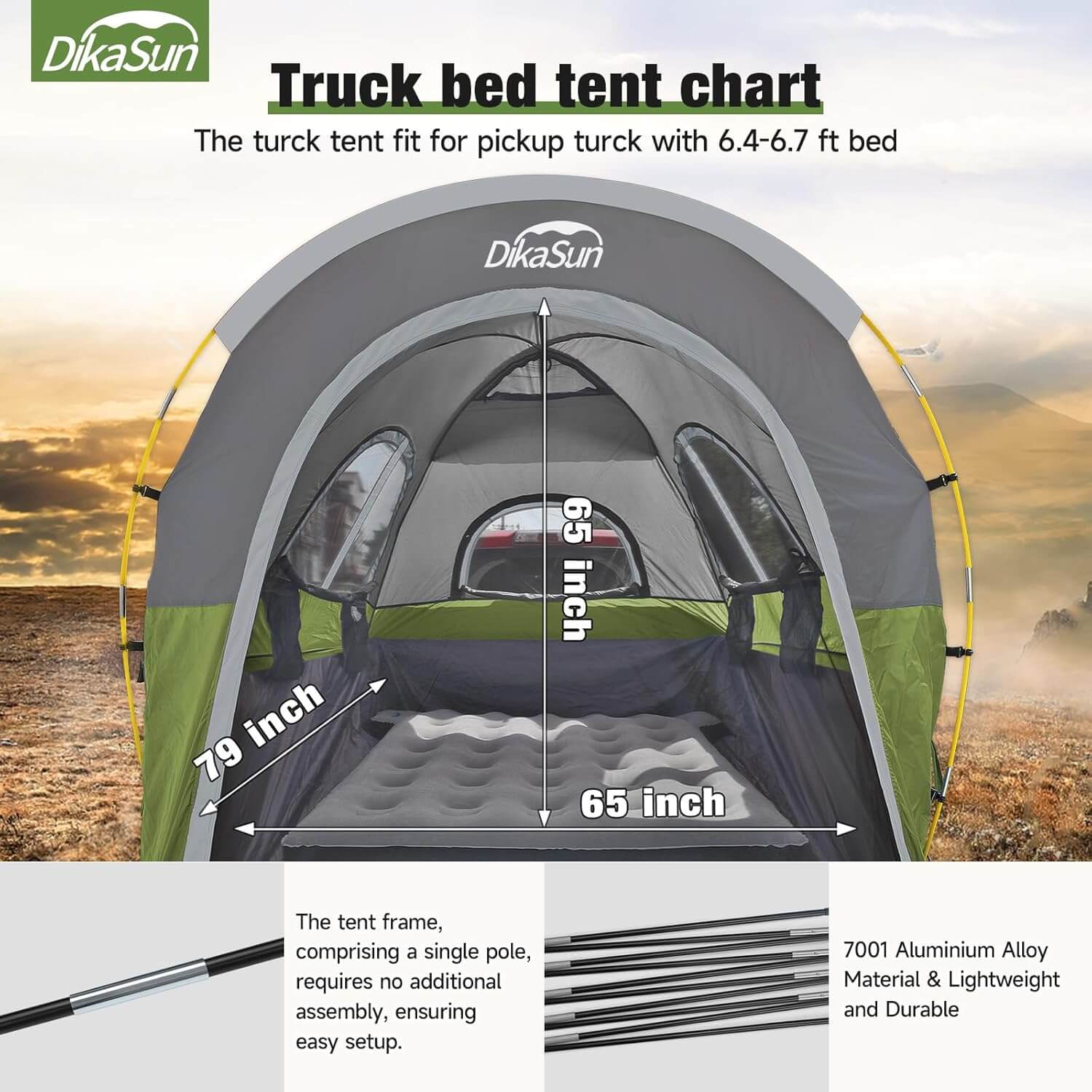 Dikasun 5.5-6.7ft Pickup Truck Bed Tent Green Double-Layer Camping