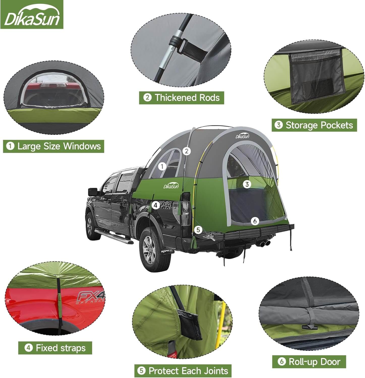 Dikasun 5.5-6.7ft Pickup Truck Bed Tent Green Double-Layer Camping