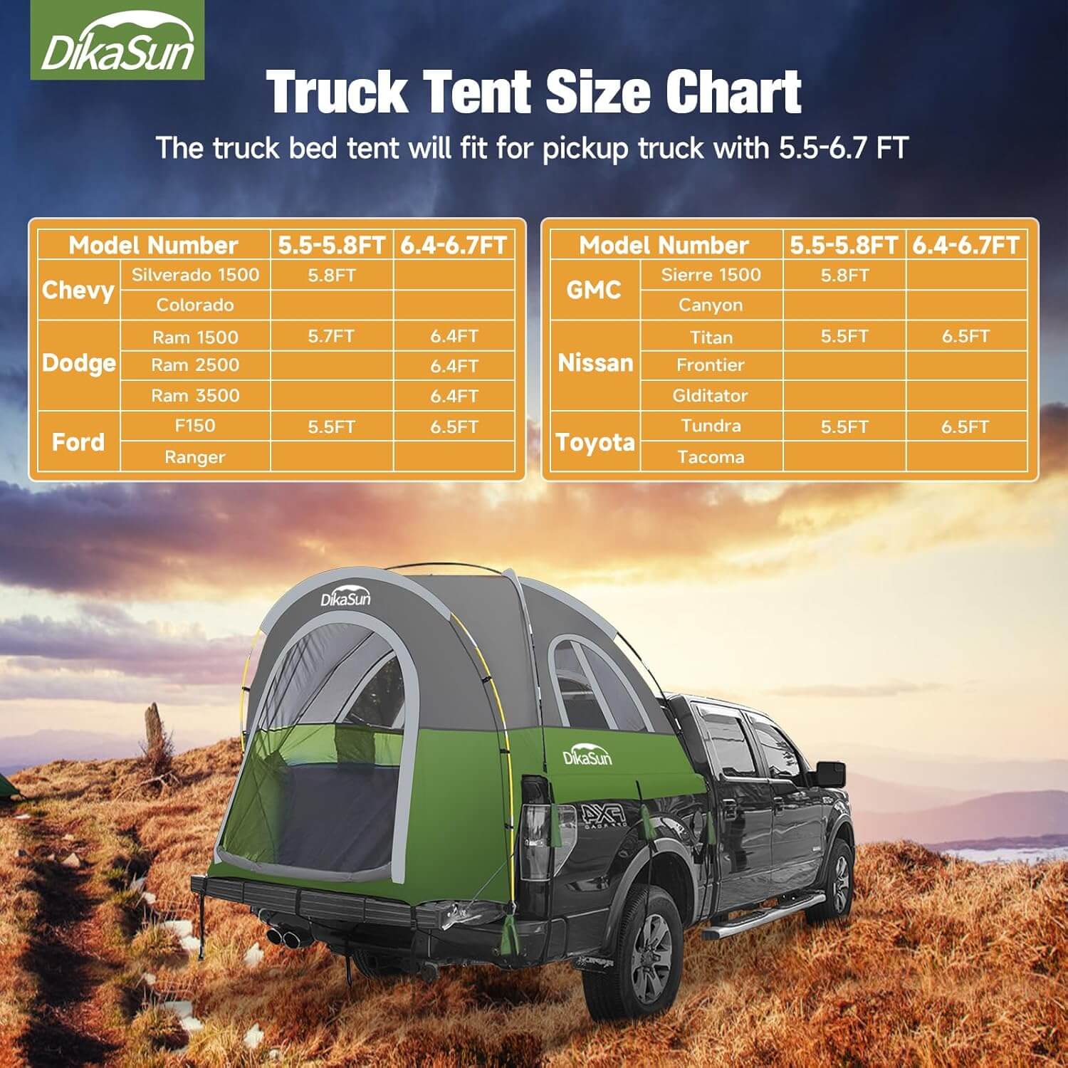 Dikasun 5.5-6.7ft Pickup Truck Bed Tent Green Double-Layer Camping