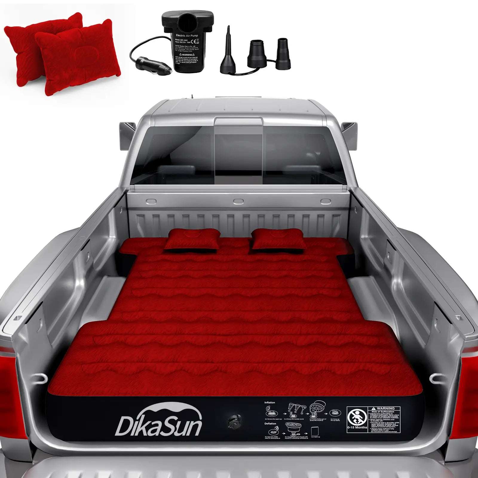 Dikasun 5.5-6.5ft Truck Bed Air Mattress Red PVC Flocking Camping