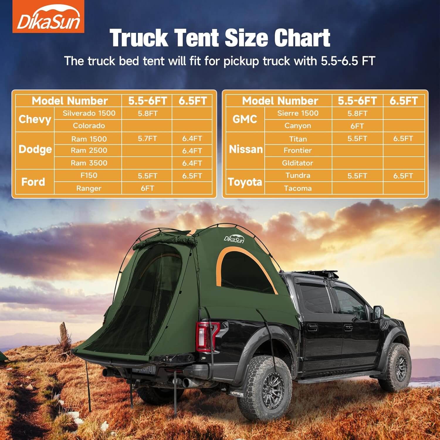 Dikasun Pickup Truck Bed Tent 5.5-6.7ft Green Double-Layer Camping