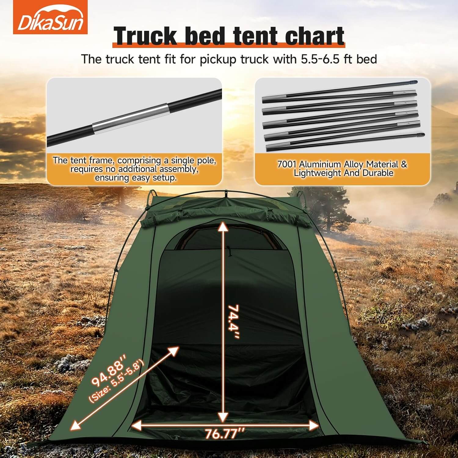 Dikasun Pickup Truck Bed Tent 5.5-6.7ft Green Double-Layer Camping