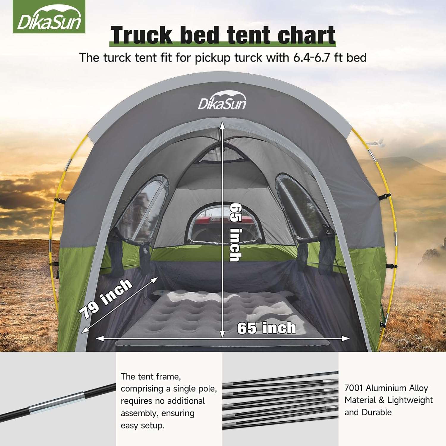 Dikasun Pickup Truck Bed Tent 5.5-6.7ft Green Double-Layer Camping