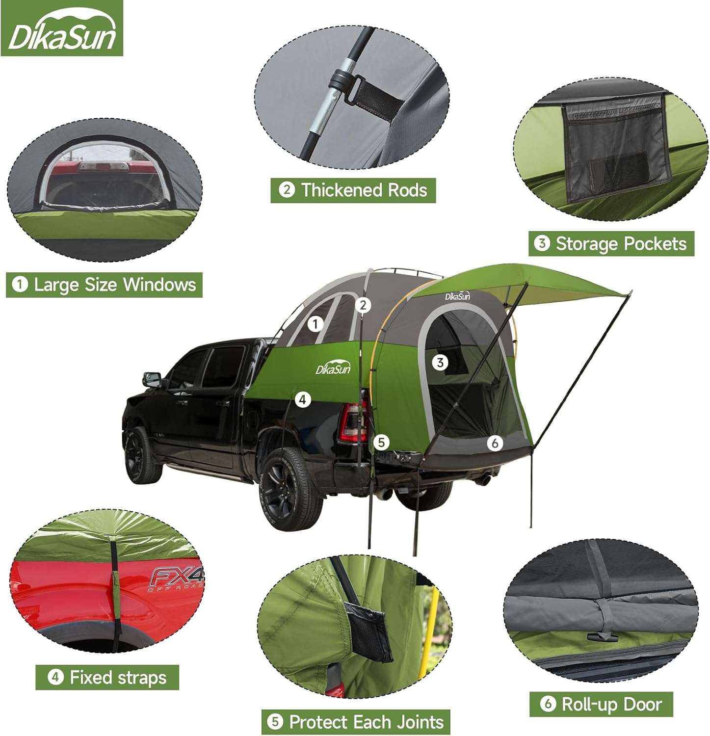 Dikasun Pickup Truck Bed Tent 5.5-6.7ft Green Double-Layer Camping
