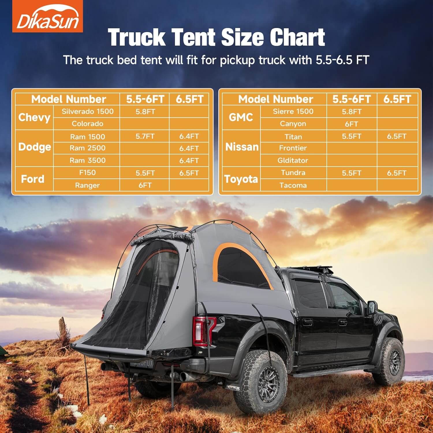 Dikasun Pickup Truck Bed Tent 5.5-6.7ft Gray Double-Layer Camping