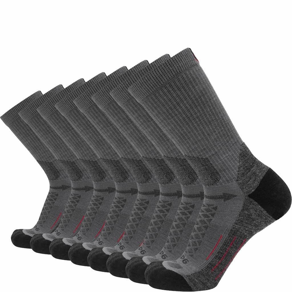 GRIP6 8 Pack Merino Wool Crew Hiking Socks Midweight Cushion Gray USA Made