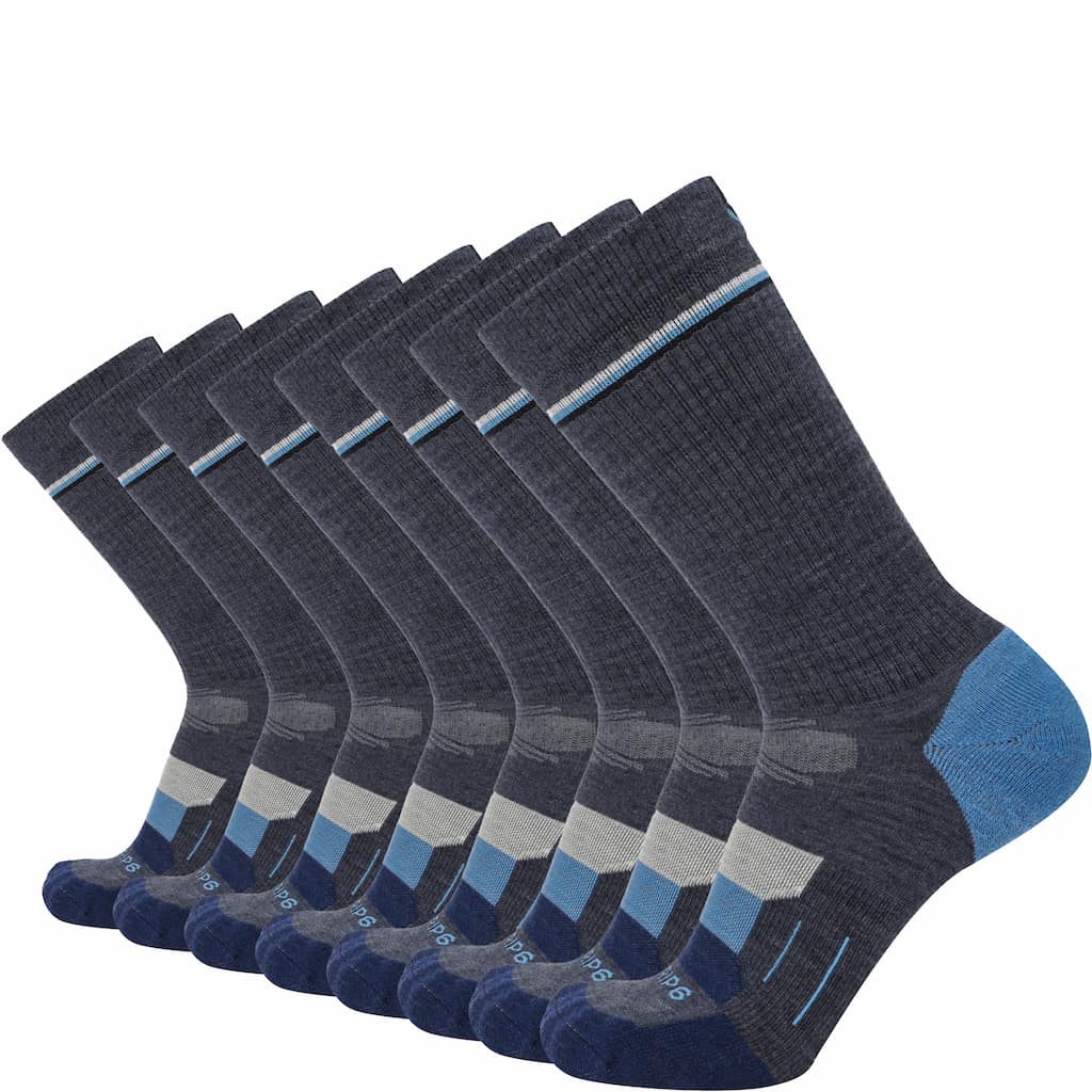 GRIP6 8 Pack Merino Wool Crew Hiking Socks Lightweight Cushion Blue USA Made