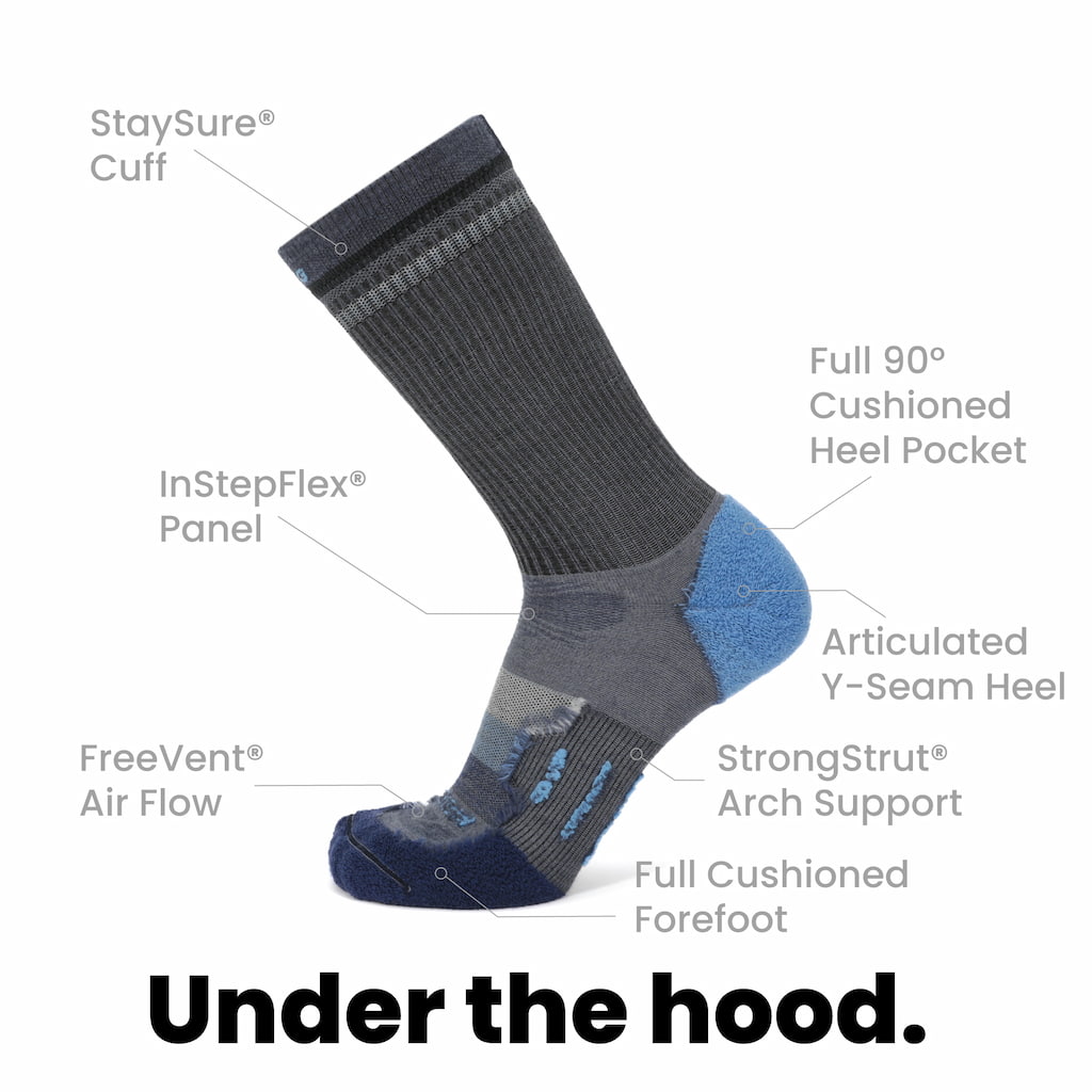 GRIP6 Merino Wool Crew Hiking Sock Lightweight Blue USA Made Lifetime Warranty