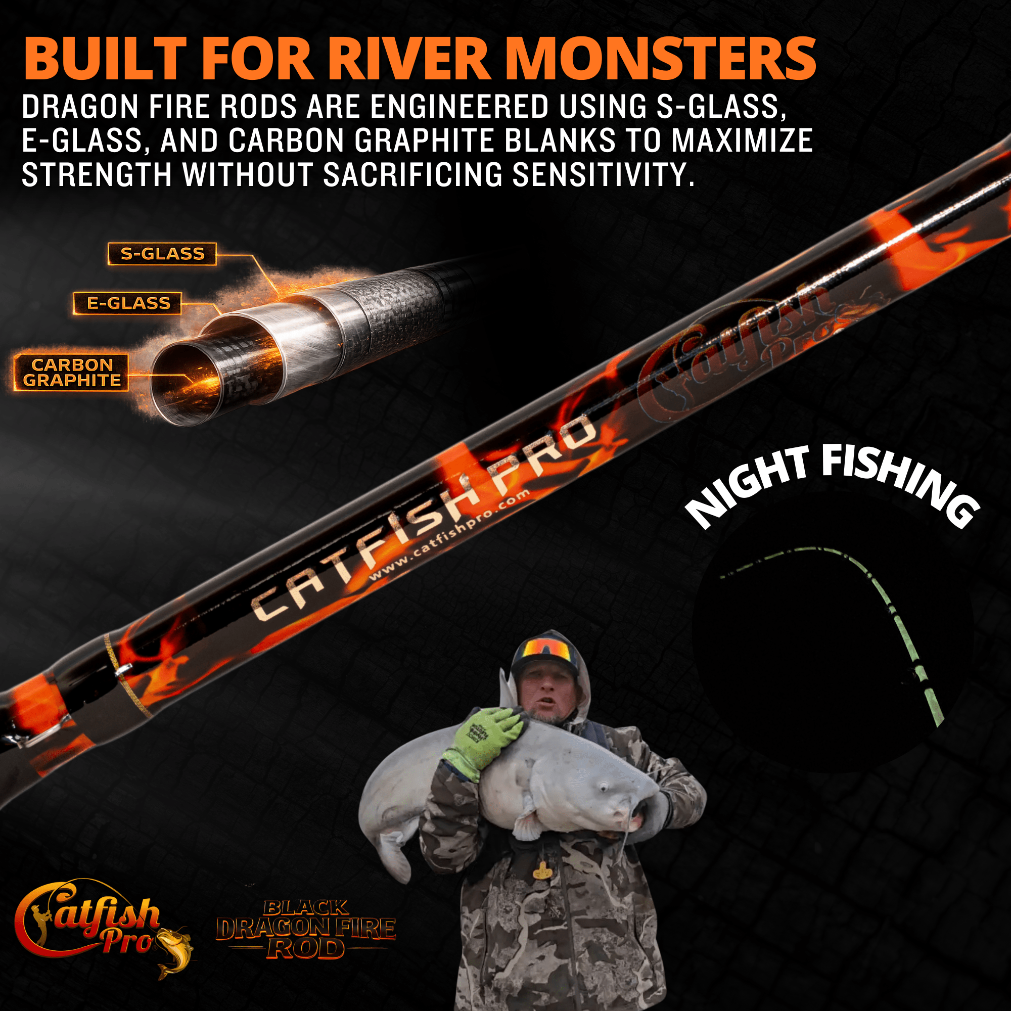 Catfish Pro Black Dragon Fire 7'6" Glow-in-the-Dark Spinning Rod