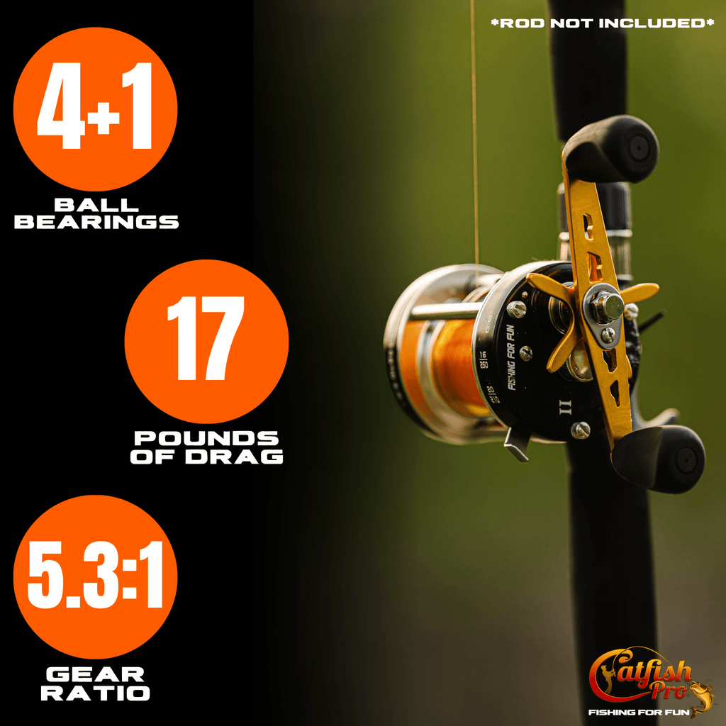 Catfish Pro Round Baitcaster Reel Brass Gears Aluminum 5.3:1 17lbs of Drag