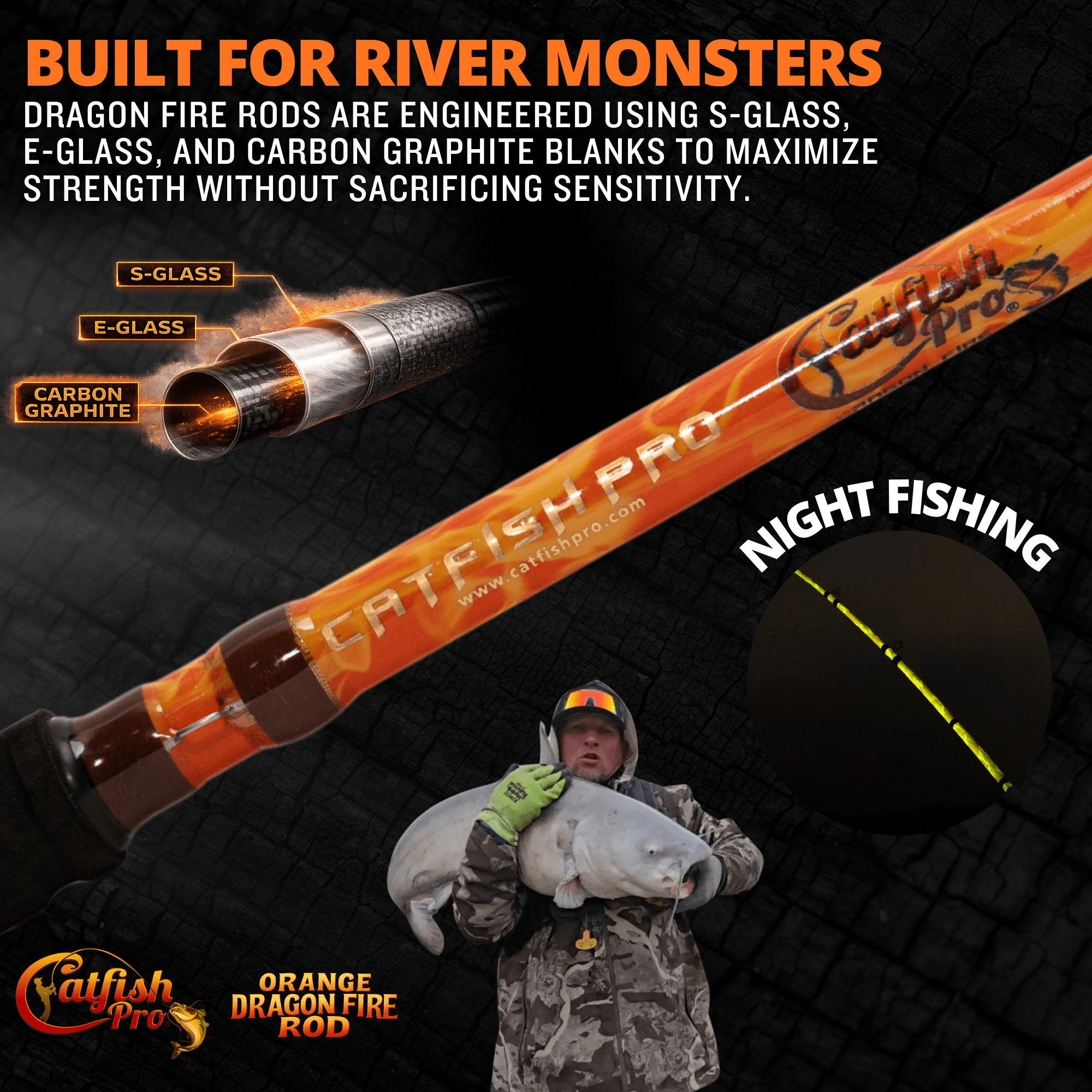 Catfish Pro Orange Dragon Fire 7'6" Glow-in-The-Dark Spinning Rod